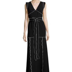 Flutter-Sleeve Contrast-Piped Knit Maxi Dress